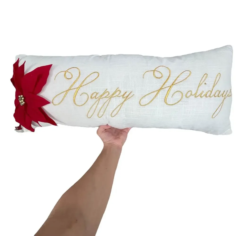 Pier 1 Happy Holidays Poinsettia Pillow Christmas Long White Rectangular READ